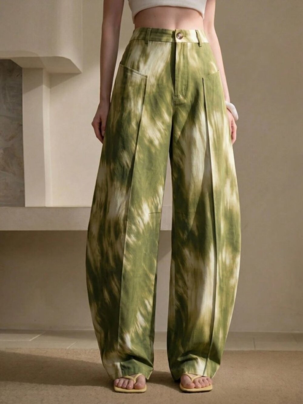 Green Painterly Tie Dye Wide Leg Trousers with Slant Pockets